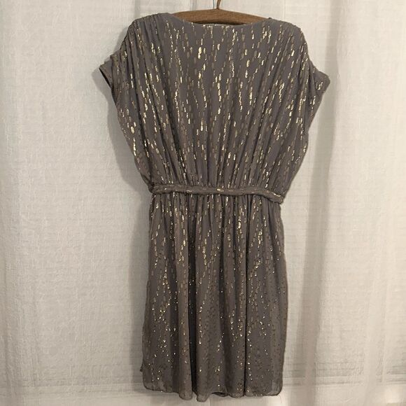 MESOP 12 Gray Gold Metallic Pleated Drop Waist V-Neck Sleeveless Tie Waist Dress - Picture 2 of 14